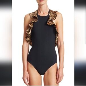 Karla Colletto Zaha High Neck Swimsuit One Piece Women's 8 Black Leopard Ruffles